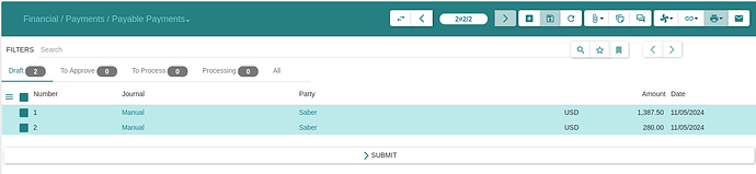 List of draft payments with a submit button