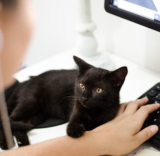 Photo: Pexels, Ruca Souza A black cat resting on a desk by a computer keyboard with a person present