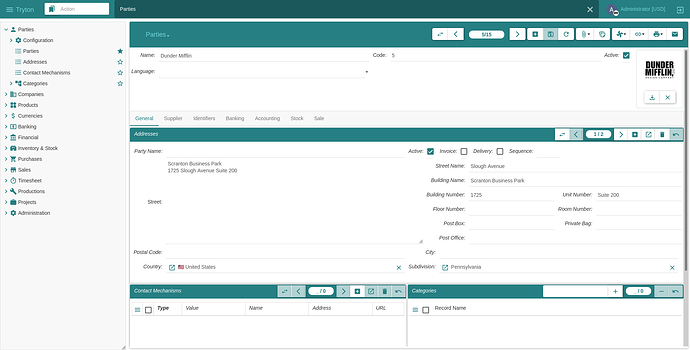 Party form showing address filled with structured data