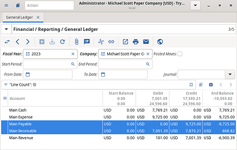 Screenshot of general ledger with several amount sums of selected lines