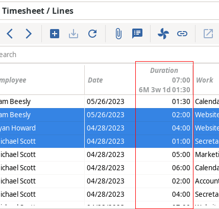 Screenshot of timesheet lines with the sum of selected lines for duration